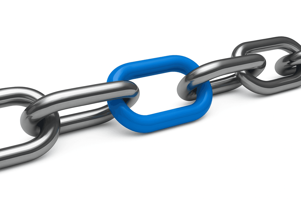 Chain with highlighted blue link representing connection and strength